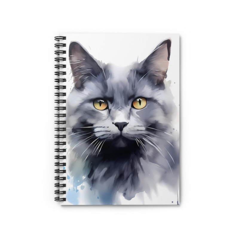 Watercolor Grey Cat Spiral Notebook - Ruled Line, 8" x 6"