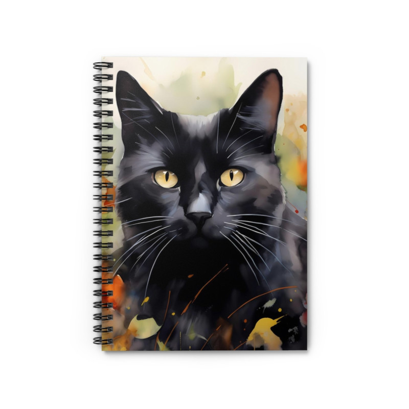 Watercolor Black Cat in Fall Spiral Notebook - Ruled Line, 8" x 6"