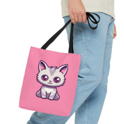 Cute Kawaii Grey Cat on a Pink Background Tote Bag