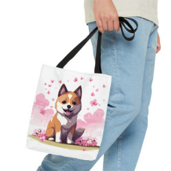 Shiba Inu On A Pink Cherry Blossom Themed Background Tote Bag